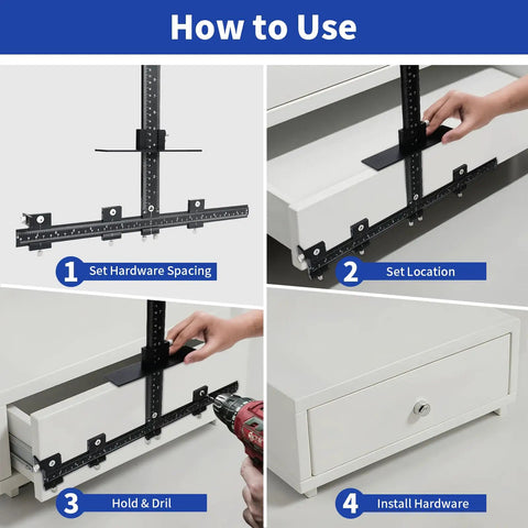 Step-by-step usage of Rock Solid Aluminum Cabinet Handle Jig with Integrated Center Punch for Drawer Pull Layout.