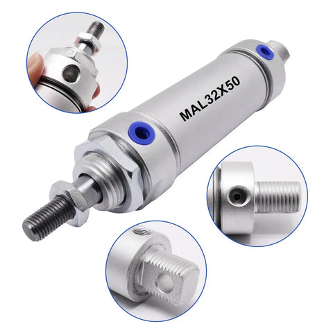 Compact Pneumatic Cylinder Kit With 32mm Bore And 50mm Stroke Double Acting Air Cylinder Including Y Connector And Two Quick Fittings MAL32X50