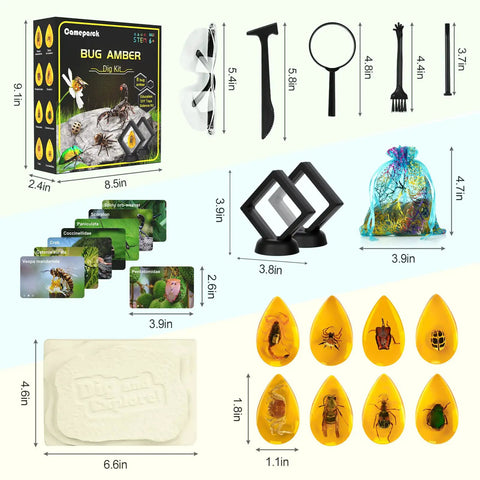 Amber Dig Kit For Kids Hands On Excavation With 8 Insect Specimens Learn Geology And Biology Through STEM Fun Great Educational Gift For Ages 6 8 12 14 And Party Favors box, tools, resin blocks, and specimen cards