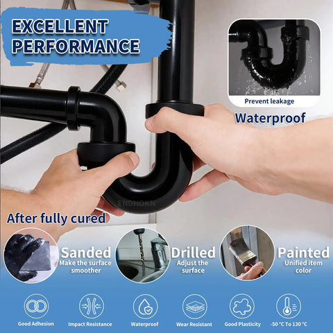 Hands applying Black Epoxy Putty Stick 10.5oz 300g Two Part Repair Kit For Leaks Cracks Holes In Metal Ceramics Plastic Wood Tile Concrete