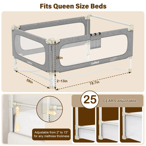 Queen Size Toddler Bed Rails 3 Piece Set with Corner Cushions, adjustable metal frame, fits queen beds