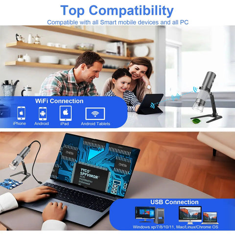 WiFi Digital Microscope 4K HD Camera With 50X To 1000X Magnification, Wireless Handheld Scope, Adjustable Stand, Compatible With iPhone Android iPad Mac Windows PC, Great For DIY Lab Work And Hobbies, shown with WiFi and USB connection options