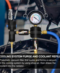 Universal Auto Vacuum Coolant Filler Kit With Pneumatic Purge For Radiator Refilling Close-up of gauge and hoses in use