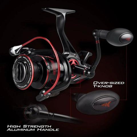 Beast Mode Baitfeeder III Spinning Fishing Reel Size 6000 with oversized T-knob and aluminum handle.