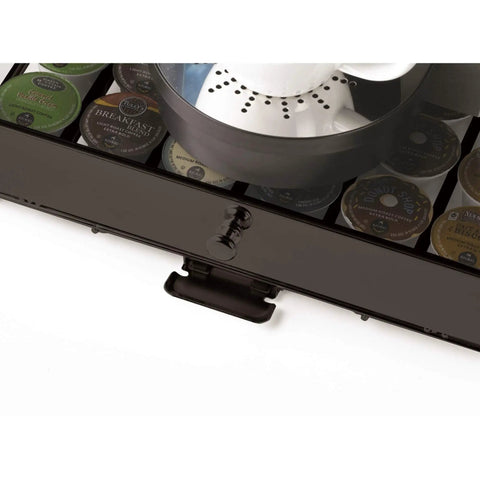 Rolling Coffee Pod Drawer With Tempered Glass And Black Finish, holds K-Cups under coffee pot, easy glide storage