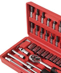 One Quarter Drive 46 Piece Carbon Steel Ratchet Socket Set Wrench Tool Kit Bits For Home Garage And DIY Car Repairs, open case