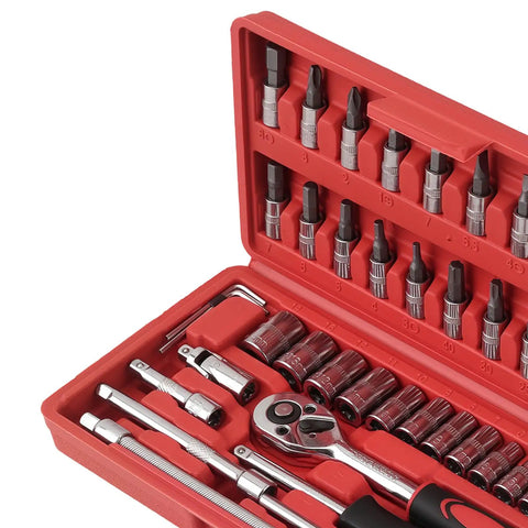 One Quarter Drive 46 Piece Carbon Steel Ratchet Socket Set Wrench Tool Kit Bits For Home Garage And DIY Car Repairs, open case