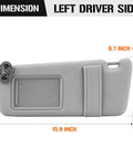 Gray left driver side sun visor with dimensions for Camry 2007-2011 without sunroof, 15.9x6.7 inches, shown from the front.