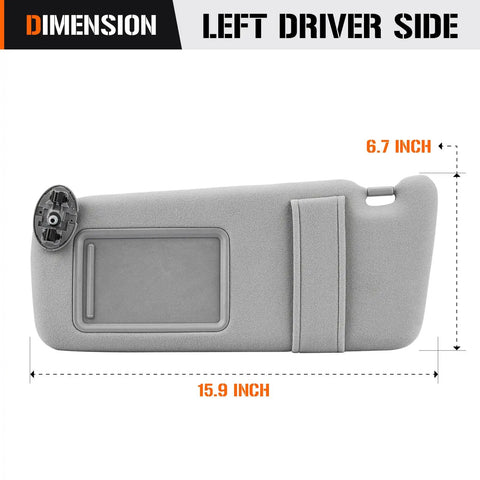 Gray left driver side sun visor with dimensions for Camry 2007-2011 without sunroof, 15.9x6.7 inches, shown from the front.