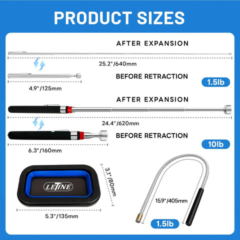 4 In 1 Magnetic Pickup Tool Set With Telescoping Magnets For Garage And Shop, 10 Lb Heavy Duty Magnetic Pickup Tool, 16 Inch Bendable Magnetic Retriever, 1.5 Lb Magnetic Wand, And Magnetic Parts Tray For Auto DIY