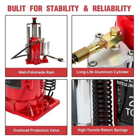 20 Ton Air Hydraulic Bottle Jack With 10.2 To 20.1 Inch Lift Range Dual Mode Pneumatic And Hydraulic Heavy Duty Bottle Jack close-up features