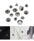 No Sew 12 Sets 15mm Snap Button Fastener Kit With 4 Metal Install Tools for denim jeans, pants, leather bags, and jackets.