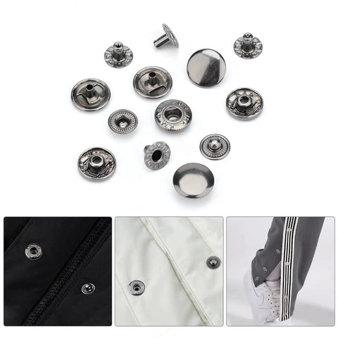 No Sew 12 Sets 15mm Snap Button Fastener Kit With 4 Metal Install Tools for denim jeans, pants, leather bags, and jackets.