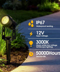 Outdoor All-Weather Landscape LED Spotlight Kit For Garden Yard House Lawn Tree And Fence With Warm White 2700K To 3300K IP67 Weatherproof Connectable 4 Pack Ideal For Pathways Patios And Perimeters Low Voltage Easy Install showing spotlight in grass with 3000K