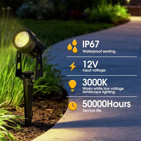 Outdoor All-Weather Landscape LED Spotlight Kit For Garden Yard House Lawn Tree And Fence With Warm White 2700K To 3300K IP67 Weatherproof Connectable 4 Pack Ideal For Pathways Patios And Perimeters Low Voltage Easy Install showing spotlight in grass with 3000K