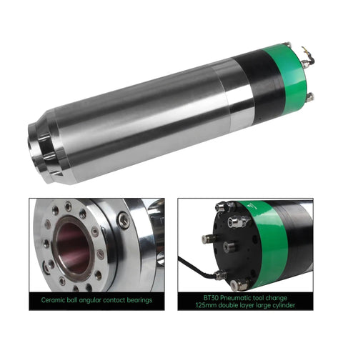 Top Shelf 3.5KW Bt30 Water Cooled Spindle Motor With Automatic Tool Change Built For CNC Routers Cranks Out Smooth 18000RPM Power close-up view showing design and details.