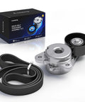 Serpentine Belt Drive Tensioner Kit For Nissan Altima Maxima Murano Pathfinder Quest 2013 Through 2020 And Infiniti JX35 QX60 2014 Through 2020 Replace 39384 Easy Install Belt Tensioner Assembly With Durable Components No Brainer Fit For Quick Replacement, including belt and pulley, on white background with packaging.
