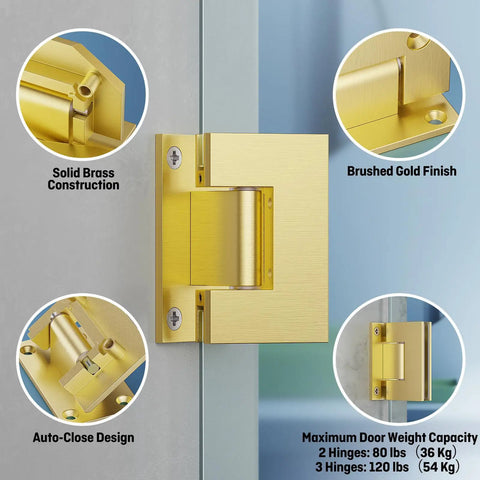 Premium Solid Brass 90 Degree Glass Shower Door Hinges With Short Back Plate Requiring Exact Glass Cutout For Rock Solid Grip No Sweat Install.