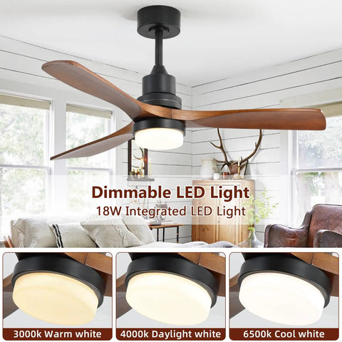 Low Profile 52 Inch Ceiling Fan With Remote And LED Light Kit, Reversible Quiet DC Motor, Modern Wood Finish in living room