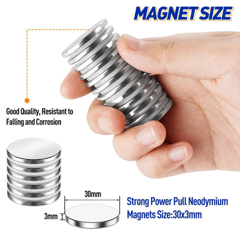 8-pack silver neodymium disc magnets with adhesive backing, 30x3mm, held in hand