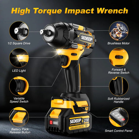 Impact Wrench Half Inch Cordless Beast Torque Gun With 1500 Nm Brushless Power 21V 2x40Ah Batteries Includes 5 Sockets
