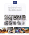 Stainless Steel Spring Washers And Plain Spacers Assortment Kit 600 Pcs in open box showing organized sections of hardware