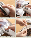 Sequential usage of rechargeable 2 In 1 bag sealer with cutter and magnet, sealing snack bags step-by-step on table.