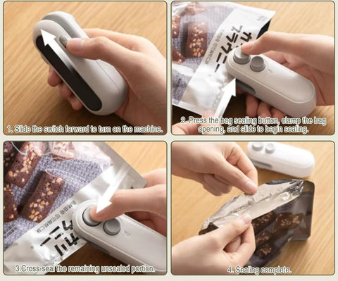 Sequential usage of rechargeable 2 In 1 bag sealer with cutter and magnet, sealing snack bags step-by-step on table.
