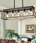 Farmhouse Five-Light Linear Pendant Chandelier For Dining Room And Kitchen Island - Rustic Rectangular Metal Ceiling Light With Adjustable Height, Solid Steel Construction over dining table