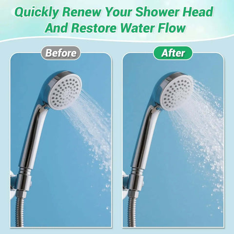 Before and after image of a shower head using Shower Head Revival All In One Cleaning Kit With 50 Ultra Fine Nylon Brushes And 20 Surgical Steel Picks For Unclogging Nozzles Limescale Mineral Buildup Mold In Showers Faucets And Small Holes In 3D Printers And Cups Storage Case Included