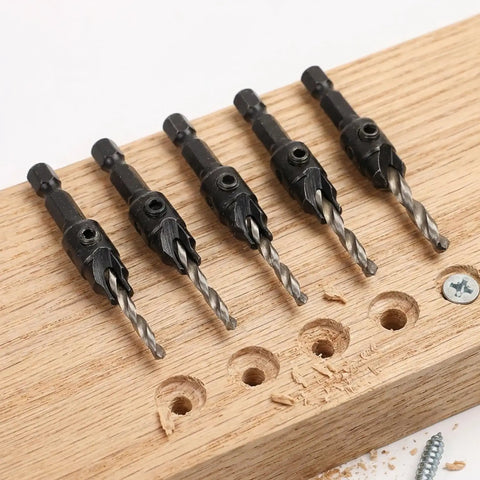 Five Piece Hex Shank Countersink Drill Bit Kit With Quick Release Crank Handle For Dead Simple Woodworking Hole Prep No Brainer Setup Fast Drilling And Solid Steel Construction That Definitely Gets The Job Done on wood.