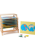 Montessori Wooden World Map Puzzle Set 23 Inch, rack with 8 geography puzzles and control cards for homeschool learning.