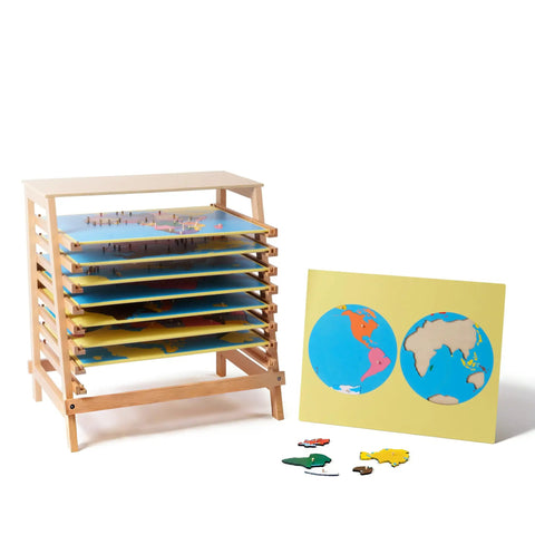 Montessori Wooden World Map Puzzle Set 23 Inch, rack with 8 geography puzzles and control cards for homeschool learning.
