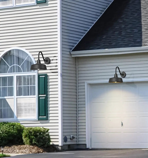 Two Pack Outdoor Barn Lights With Black Finish, Classic Farmhouse Porch Lamps on house exterior near garage and windows