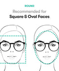 Illustration showing round glasses recommended for square and oval face shapes.