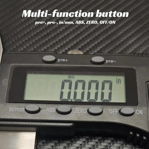 Digital Caliper With 0 To 24 Inch 600mm Measuring Range, showing easy readout screen and control buttons on stainless steel body.
