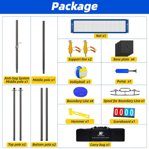 Contents of Heavy Duty Outdoor Volleyball Net Set With Adjustable Poles And Anti Sag Design, Portable Beach Net Kit shown.