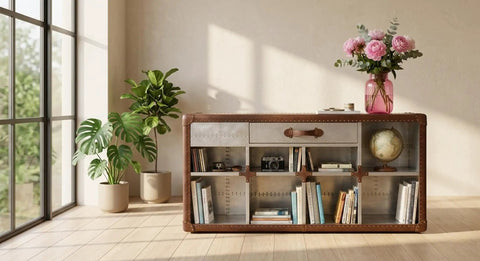 Sharp Aviator Bookcase Featuring Hand Beaten Aluminum Build And Single Storage Drawer Heavy Duty Industrial Home Office Shelves 60 Inches Tall For A Killer Workspace Vibe in living space with plants.