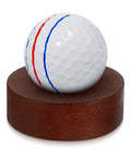 Wooden Golf Ball Display Stand For Desk With 2 Inch Ball Holder and white golf ball on walnut wood base.