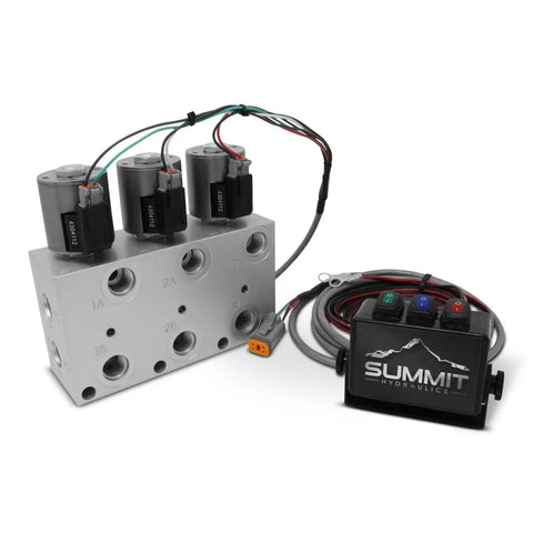 Three Circuit Hydraulic Multiplier Kit With Selector Valve Couplers And Switch Box Control Built For Open Or Closed Or FPC Systems Up To 3000 PSI Anodized Body All Weather Tough Pro Grade Heavy Duty 12V DC Solenoids, showing components and wiring.