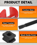 Wheel hub removal tool set with red puller forks, long threaded bolt, and square adapter; carbon steel, heat-treated, black oxide finish.