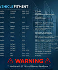 Vehicle fitment chart for Rear Brake Kit With 11.26 Inch Rotors And Ceramic Pads For Subaru models, includes warning note