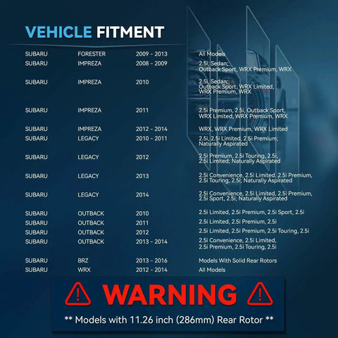 Vehicle fitment chart for Rear Brake Kit With 11.26 Inch Rotors And Ceramic Pads For Subaru models, includes warning note