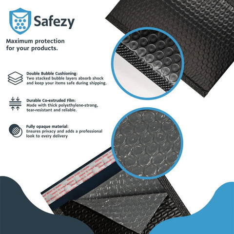 Double Layer Bubble Mailers 6x10 Inches 50 Pack Black Padded Envelopes Self Seal Opaque Shipping Bags for Jewelry Makeup and Small Business with protective features.