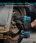 Heavy Duty Half Inch Brushless Impact Wrench Brings The Beast Mode With 886 Ft Lbs Torque And 2400 Rpm and image of mechanic using it on a rusted truck wheel.