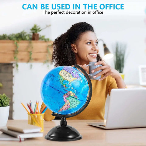 8 Inch World Globe With Stand Rotating Earth Spinning Globe For Kids Geography Classroom Education Or Decorations Blue Kid Friendly Durable Plastic Model on a desk beside a smiling person holding a cup.