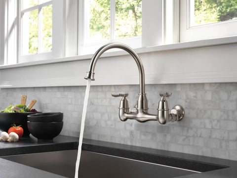 Corin Wall Mount Kitchen Faucet With Brushed Nickel Finish High Arc Gooseneck 360 Degree Swivel Single Handle Easy 7 To 9 Inch Installation Durable