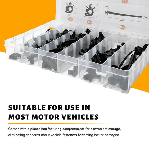 60 Piece Car Wire Loom Routing Clips With Push Mounts in a plastic storage box