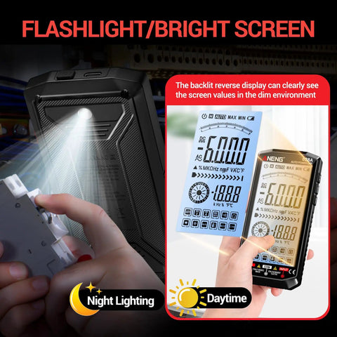 Rechargeable Digital Multimeter With Large Backlit Display And Auto Ranging showing flashlight and screen in use