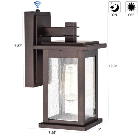 Dusk To Dawn Outdoor Wall Light With Seedy Glass In Vintage Farmhouse Bronze Finish 12.25 Inch Sconce Anti Rust Exterior 100W Max Perfect For Front Door Garage Or Patio Porch Light With Smart Sensor.